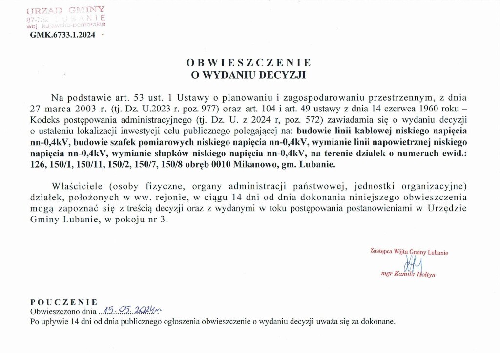 Obwieszczenie o wydaniu decyzji GMK.6733.1.2024.jpeg